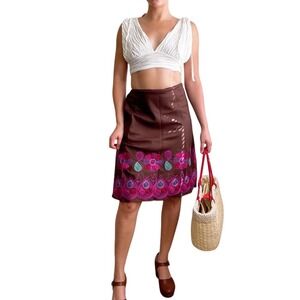 Vintage 90s Romantic Cottage Floral Embroidered Choclate Brown Aline Midi Skirt